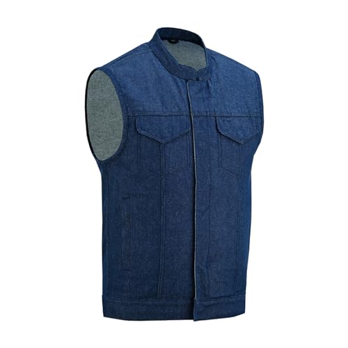 Daniel Smart Biker Vest for Men Rough Blue & Black Denim Vest with Unique Scoop Collar Design & Concealment inside