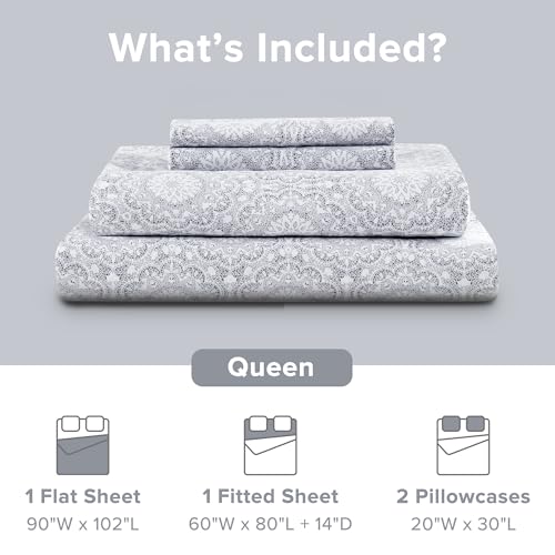 Comfort Spaces 100% Cotton Sheets Queen, Breathable, Naturally Cool Cotton Sheets, Soft Cotton Bed Sheets with 14" Elastic Pocket Fits up to 16" Mattress, All Seasons Sheet Set, Adelia Gray 4 Piece
