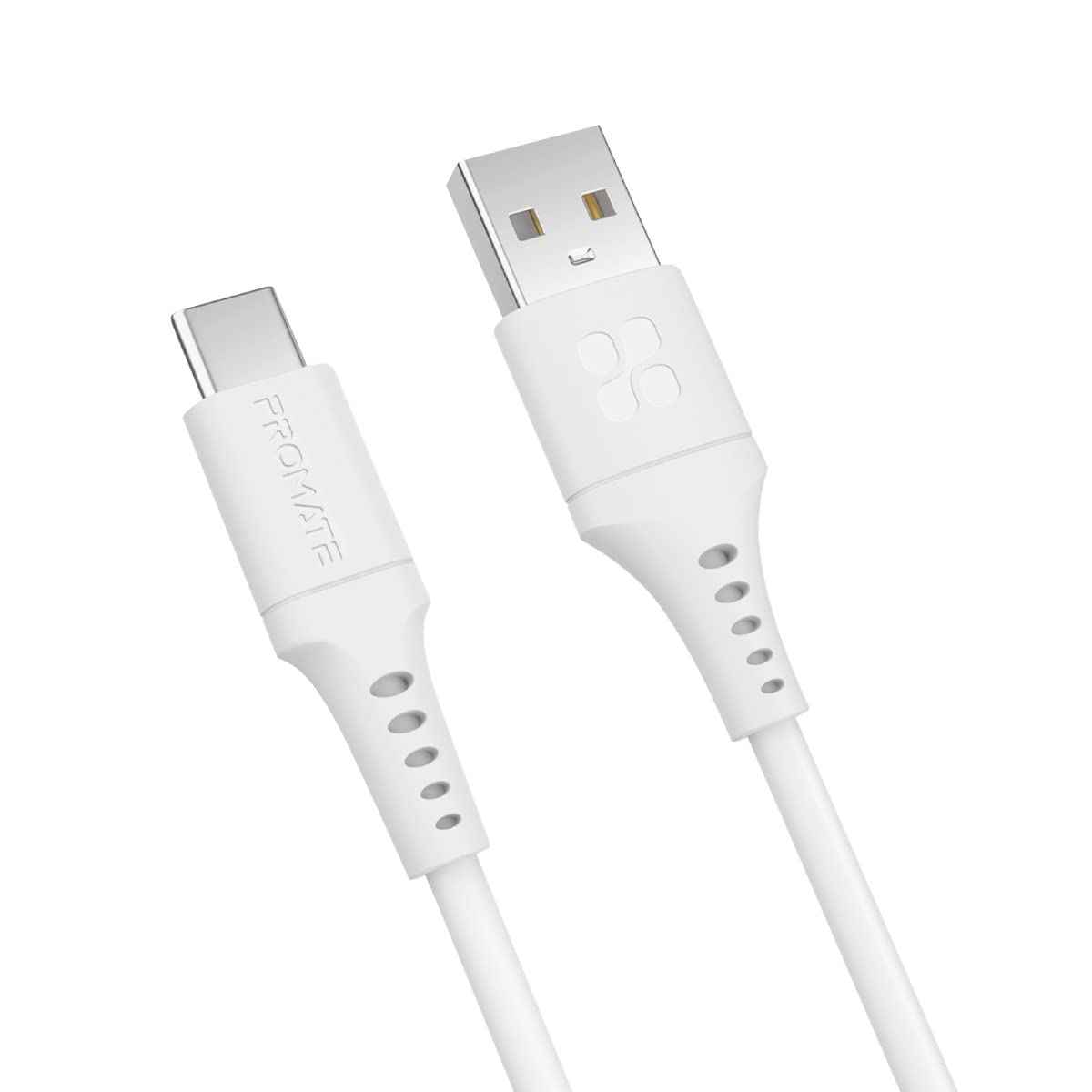 Promate USB-C Cable, Fast-Charging 5V/3A USB-A to Type-C Cable with 480 Mbps Data Sync, 200cm Anti-Tangle Silicone Cord and 25000+ Long Bend Lifespan PowerLink-AC200 White