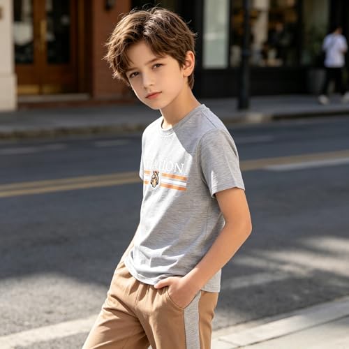 Image of Yoxindax Tween Boy Clothes 2-Piece Letter Print Tee And Color-Block Pants Summer Outfits