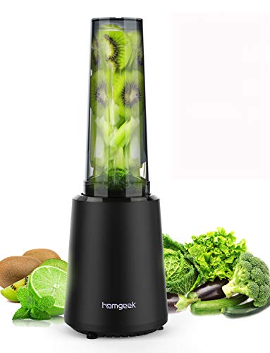 Homgeek Personal Mini Blender Smoothie Maker Single Serve To Go, Portable Small Milkshake Fruit Vegetable Drinks Ice Pro Mixer Juicer 300W with 1 Tritan Travel Sport Bottle 16oz, Press to Start