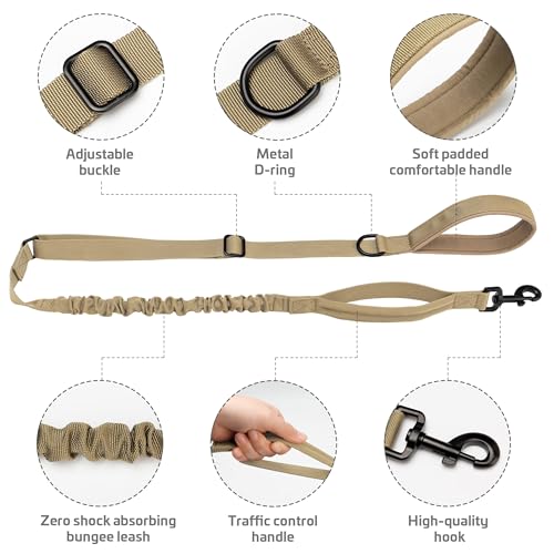 Forestpaw Tactical Dog Leash for Large Dogs,Heavy Duty Bungee Dog Leash with Shock Absorption,2 Padded Handles for Training Running Walking,Adjustable 4-5FT,Khaki - Image 6