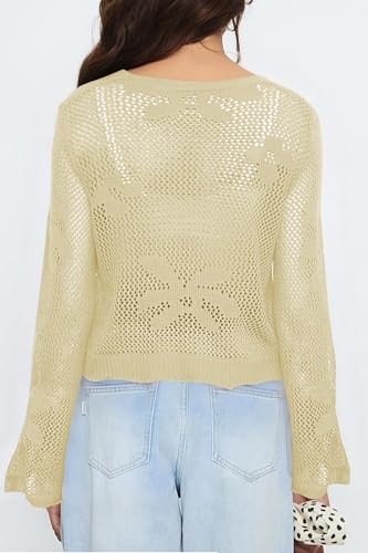 Image of Balimtoy Women Tie Front Cardigan Crochet Sweater Crop Tops Cute Bell Long Sleeve Knit Shrug Beach Vacation Cover Up