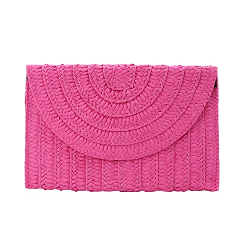 Syrads Bolso de mano de paja para mujer, verano, tipo sobre, rosa, roja