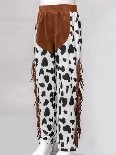 easyforever Kids Boys Cowboy Trousers Cow Print Tassels Pants for Halloween Cosplay Role Play Western Chaps Dress Up4