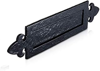 XFORT 350x84mm Black Antique Fleur De LYS Letter Plate, Malleable Gothic Letter Plate, Decorative Black Cast Iron Letter Box Plate, Vintage Sprung Letterbox Plate, Ornate Front Door Letter Plate