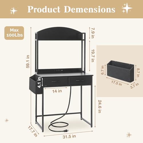 31.5" Small Vanity Desk with Storage, Power Outlets and 2 Fabric Drawers - image 3