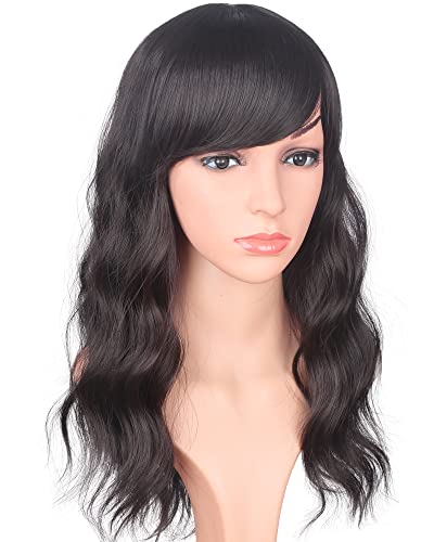 Symeiw Medium Length Dark Brown Wavy Synthetic Hair Wigs For Black Women Shoulder Length Curly Wigs Heat Resistant Wigs With Free Wig Cap 16 Inches. (Dark Brown(2#)) #TOP1