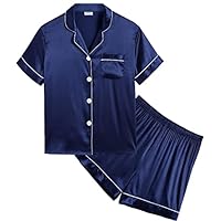SWOMOG Kids Silk Pyjama Sets Girls Boys PJs Short Sleeve Silky Nightwear 2 Piece Satin Lounge Sets Teenage Gifts Navy