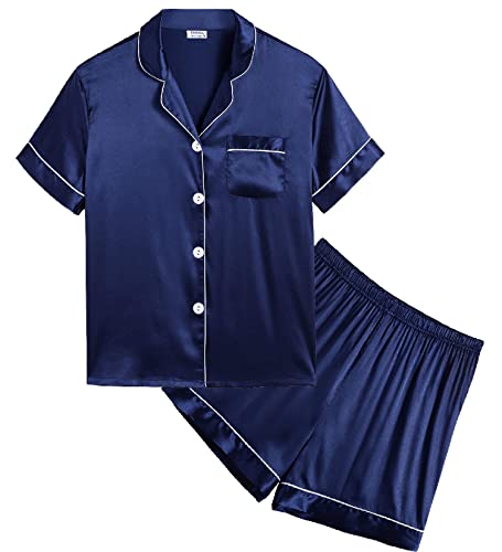 SWOMOG Girls Silk Pyjamas Short Sleeve Sleepwear Kids 2Pcs Satin Button-Down PJ Sets Nightwear Navy 12-13 Years
