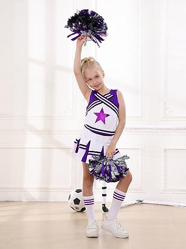 LOLANTA Girls' Cheerleading Costumes with Pompoms and Socks, Kids Halloween Fancy Dress Up, Cheerleader Outfit, Purple, 4-5 Years, 110 - Image 4