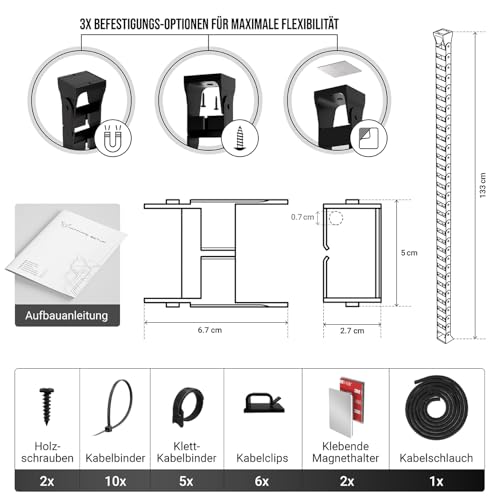 Kabelführung Schreibtisch, Flexibel anbringbare Kabelschlange, Robuste Kabelkette, Flexibler Kabelkanal für ideales Schreibtisch Kabelmanagement und für höhenverstellbare Schreibtische (Schwarz)