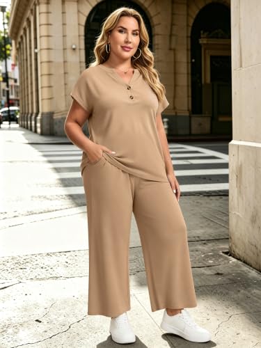 MK Shop Limited Plus Size Two Piece Lounge Sets for Women Spring Summer Vacation Outfits Short Sleeve Tops Wide Leg Matching Set Coffee 3XL — view 6