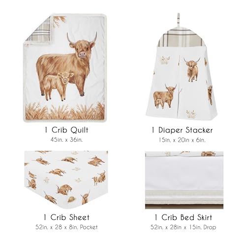 Image of Sweet Jojo Designs 4-Piece Baby Crib Bedding Set (Boho Highland Cow) for Girls /Boys, Infants /Nursery incl. Blanket, Fitted Sheet, Skirt, Diaper Stacker (Taupe Plaid & Farm Animal Watercolor Farmhouse)