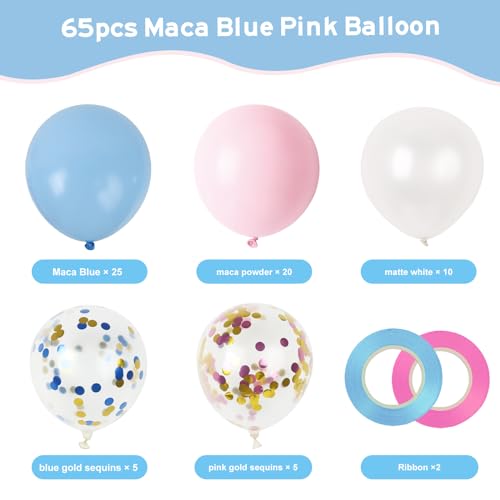 Image of RUBFAC 65pcs Pink and Blue Balloons Kit, 12 Inches Gender Reveal Pastel Pink Blue and White Balloons with Confetti Latex Balloons for Birthday Baby Shower Wedding Gender Reveal Party Decorations