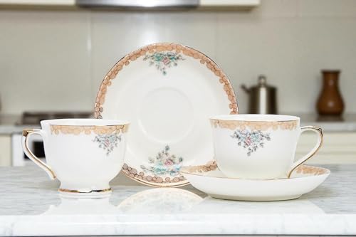 Image of Fine Bone China White Gold Rim Cups and Saucer with Golden Line, 180 ml Tea Cup Set of 6 Cup and Saucer Set for Tea Milk & Coffee Chai, Tea Cup Set