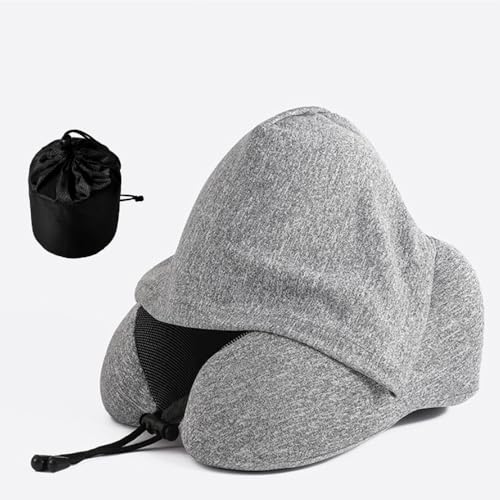 ネックピロー 飛行機 フード 低反発 トラベルピロー 車 首枕 トラベルグッズ 旅行グッズ 枕 ピロー 防災 フード付き 旅行 安眠 (グレイ)