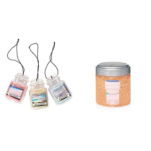 Yankee Candle Car Jar Ultimate Hanging Air Freshener 3-Pack (Beach Walk, Pink Sands, and Sun & Sand) & Fragrance Spheres, Pink Sands
