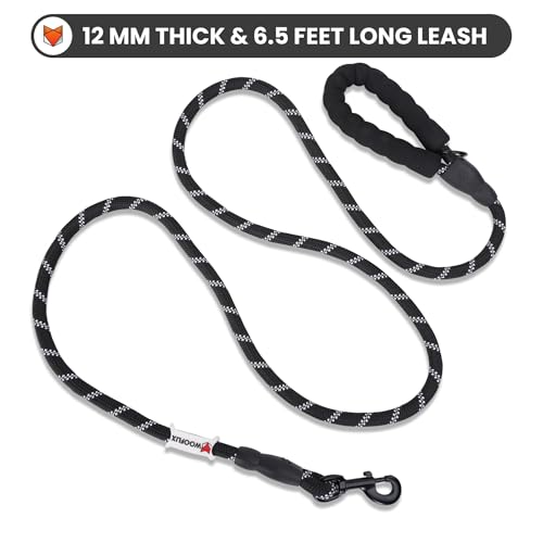 Image of Wooflix Heavy Duty Nylon Dog Leash | Anti Slip Padded Handle Long Dog Leash | Highly Reflective Leash for Dogs | Dog Rope for Medium & Large Dogs | Dog Training Leash | (Black, 6.5 Feet Long)