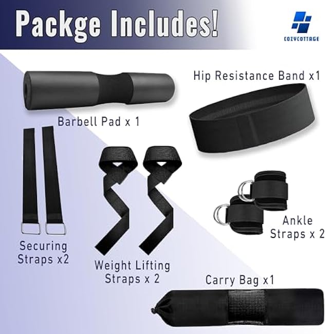 Barbell Pad Set for Hip Thrust & Squats ¨C 9-Piece Workout Kit for Women | Includes 2 Bar Pads, 2 Ankle Straps, 2 Resistance Bands & Gym Accessories ¨C No Pain Hip Thrusts ¨C Glute, Leg & Booty Training