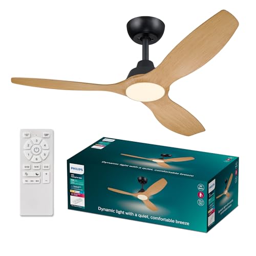 Philips Olas Deckenventilator, 3 Flügel, groß (52") 24 W LED-Licht, DC-Motor, Farbtemperaturbereich (3000 K, 4300 K, 6500 K) mit Dimmfunktion, Schwarz/Holz, inkl. Fernbedienung