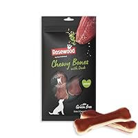 Rosewood Chewy Bones - Kauknochen mit Entengeschmack für mittelgroße Hunde - Rinderhaut-Kauleckerlis mit Ente, Zahnpflege, Getreide- und Glutenfrei, Ohne Künstliche Zusätze, 80 g