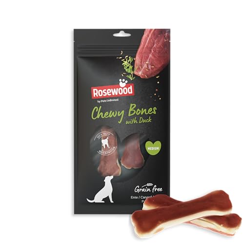 Rosewood Chewy Bones - Kauknochen mit Entengeschmack für mittelgroße Hunde - Rinderhaut-Kauleckerlis mit Ente, Zahnpflege, Getreide- und Glutenfrei, Ohne Künstliche Zusätze, 80 g Rosewood Chewy Bones - Kauknochen mit Entengeschmack für mittelgroße Hunde - Rinderhaut-Kauleckerlis mit Ente, Zahnpflege, Getreide- und Glutenfrei, Ohne Künstliche Zusätze, 80 g