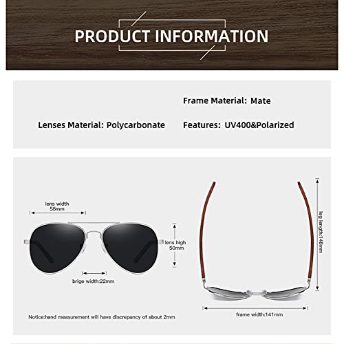 Men Aviator Style Wood Sunglasses Metal Frame Wooden Temples UV400 Polarized Lens K28014