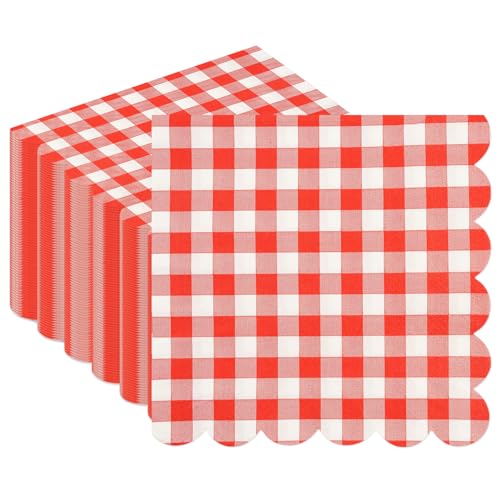 50PCS Red Scalloped Gingham Paper Napkins - Red and White Striped Luncheon Napkin Checkered Dessert Napkins Disposable Decorations Supplies for Birthday Baby Shower Wedding Party
