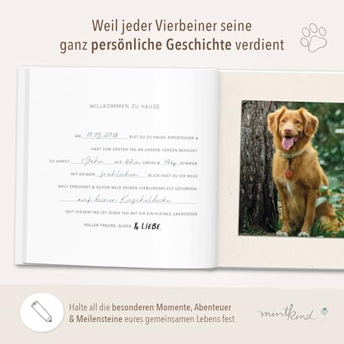 mintkind® Erinnerungsbuch Hund Tagebuch Vier Pfoten & ein ganzes Leben mit Platz für Fotos Geschichten Reisen Geburtstage Lernerfolge Geschenk Hundebesitzer Leinen Einband 96 Seiten