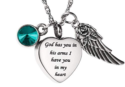 AMIST Birthstone God Has You in His Arms Urn Necklaces for Ashes Pet Cremation Jewelry for Ashes Cremation Urn Necklaces for Ashes for Women Keepsake Necklace for Ashes Aquamarine