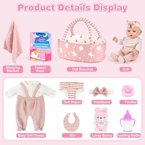 Dreamon 12'' Baby Doll Playset with Carrier Bassinet Bed, 11PCS Baby Doll Accessories Includes Pacifier, Blanket, Pillow, Diaper, Pretend Play Set Baby Doll Care Toys Gifts for Kids Girls by Dreamon - Image 2