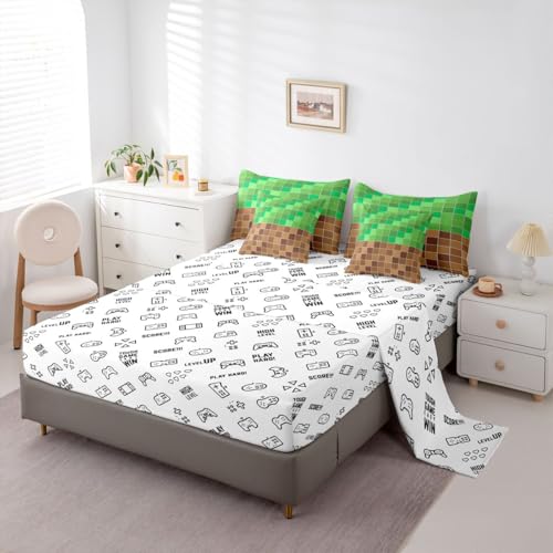 Image of Erosebridal Gaming Plaid King Comforter Set with Sheets 7 Piece Geometric Checkered Gamer Bed in A Bag Checkerboard Games Bedding Sets for Kids Adults,Brown Green Grids Bed Set
