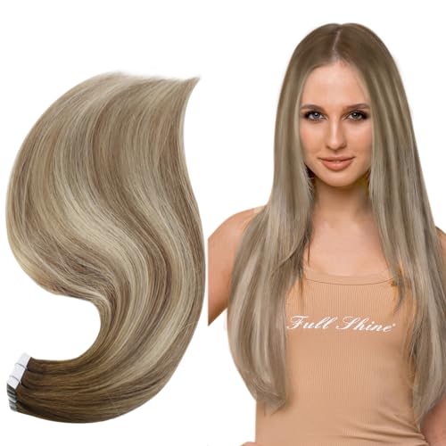 Image of Full Shine Invisible Tape in Hair Extensions Color 3 Brown Fading to 8 Light Brown and 22 Blonde Balayage Soft Remy Tape in Hair Extensions Human Hair 14Inch 20Pcs 50Gram Seamless Tape Ins
