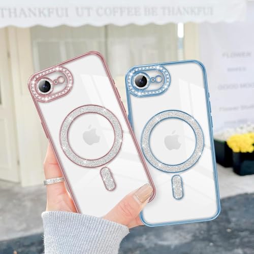 Image of DIZORO Compatible with (iPhone 17e /iPhone 16e Case) Clear Luxury Diamond Glitter Case |Camera Lens Protector with Glitter Ring |Glossy Shiny Back Cover Case for Girls Women -Pink