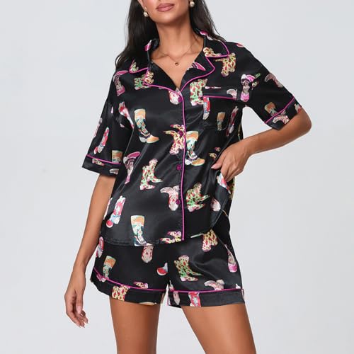 Image of Yiulangde Women's Easter Pajamas 2 Piece Sets Satin Short Sleeve Preppy Easter Eggs Bunny PJs Outfit Button Up Loungewear Set
