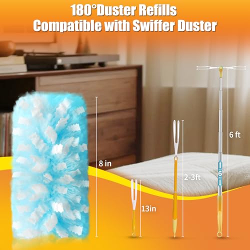 Image of 80 Count Duster Refills with 1 Short Handle & 3 ft Extendable Handle, Compatible with Swiffer Duster, 180 Disposable Microfiber Cleaning Dusters, Unscented
