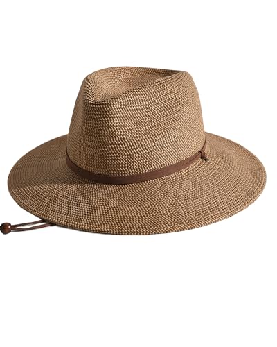 FURTALK Womens Summer Straw Sun Hats Wide Brim Panama Fedora Beach Hat with Wind Lanyard UPF 80+ Coffee Brown