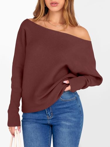 Image of ANRABESS Womens Off Shoulder Sweaters 2026 Fall Long Batwing Sleeve Loose Fit Knit Tops Casual Pullovers Jumpers