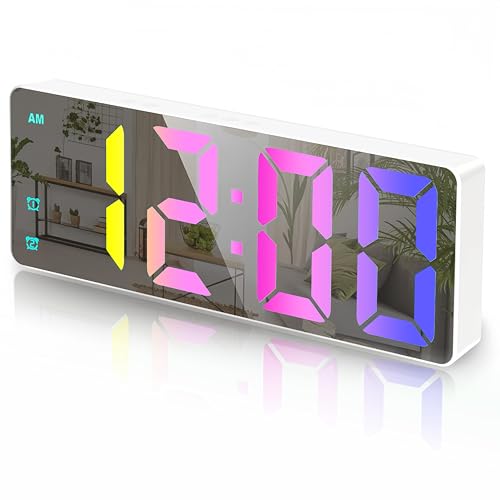 Image of Small Digital Alarm Clock, Mirror Surface LED Electronic Clocks with Large Display, Adjustable Brightness and Snooze Model for Bedroom, Desk, Office, White Case