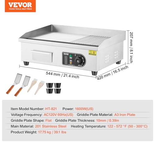Image of VEVOR Commercial Electric Griddle, 1600W Countertop Half-Flat Top Grill, 22in Stainless Steel Griddle Grill with 2 Shovels and 2 Brushes for Home or Restaurant, 122℉-572℉ Adjustable Temp