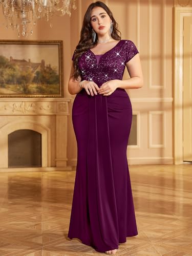 Image of MISSMAY Women's Plus Size Bridesmaid Formal Dresses V Neck Sequin Lace Mermaid Wedding Evening Gowns Dresses