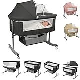 ehozirta Baby Bassinet Bedside Sleeper, 3-in-1 Rocking Bassinet with Wheels & 6 Levels Adjustable Height – Portable Newborn Crib with Storage Basket, Mattress, Canopy, Black