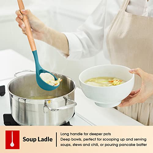 Kitchen Utensils Set of 6, E-far Silicone Cooking Utensils with Wooden Handle, Non-stick Cookware Friendly, Includes Spatula/Ladle/Slotted Turner/Serving Spoon/Spaghetti Server(Teal Blue) - Image 6