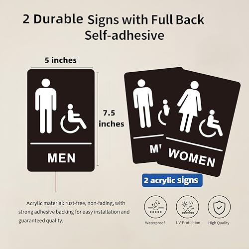 Image of (2 Pack) Restroom Signs - Acrylic Restroom Sign for Business with Strong Self-Adhesive, Bathroom Door Signs for Home Office or Wall, Waterproof and Easy to Install (7.5 x 5 Inches Men /Women)