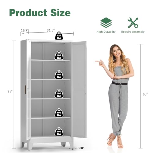 Image of Bevivog 71 inch Kitchen Pantry Cabinet, Metal Storage Cabinet with 2 Doors and 4 Adjustable Shelves, Farmhouse Tall Food Cabinet Pantry Shelves Storage for Kitchen, Home Office, Living Room, Laundry
