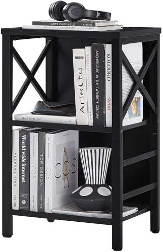 MNEETRUNG Small Bookshelf 3 Tier Industrial Bookcase with Metal Frame and Backboard Low Black Book Shelf Book case for Small Spaces Living Room Bedroom and Home Office