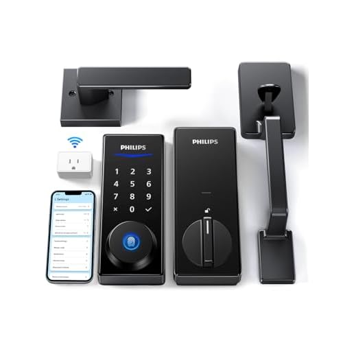 Philips Wi-Fi Smart Lock with Handle, Keyless Entry Keypad Door Lock with Handle, Front Door Deadbolt Set with WiFi Gateway, App Control, Fingerprint Unlock, PIN Code Unlock, Auto Locking Lo