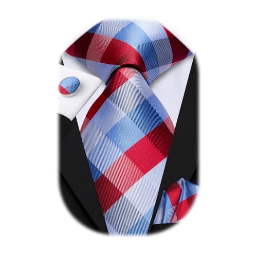 Image of Hi-Tie Mens Plaid Ties Classic Paisley Necktie with Handkerchief Cufflinks Set Business Stripe Tie