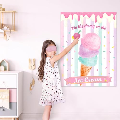Image of WERNNSAI Pin The Cherry on The Ice Cream Game -Birthday Party Games Ice Cream Party Decorations 28'' x 21'' Poster with 24 PCS Cherry Stickers for Kids Girls Birthday Carnival Supplies | Ice Cream Party Decorations,Summer Birthday Party Games,28 inch x 21 inch Poster with 24 Stickers and Blindfold